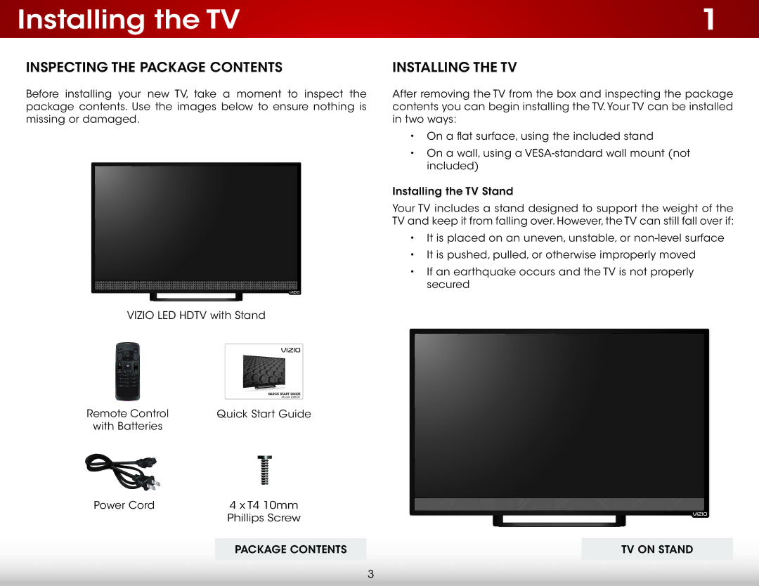 Vizio E280-B1 user manual Installing the TV, Inspecting the Package Contents 