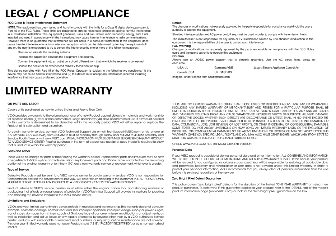 Vizio E280i-A1 manual Legal / Compliance, Limited Warranty 