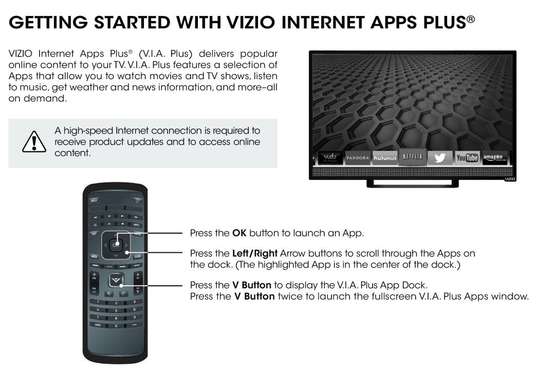 Vizio E280i-B1 VIZIO manual Getting Started with Vizio Internet Apps Plus 