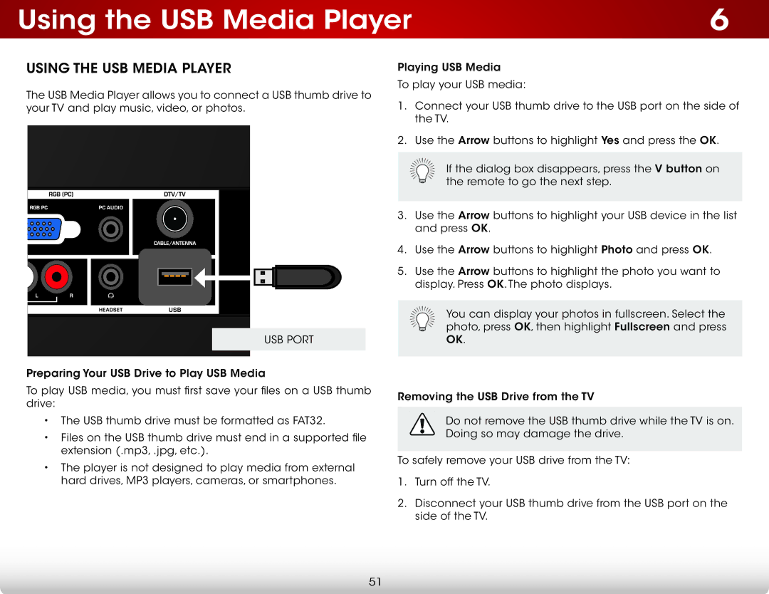 Vizio E280i-B1 user manual Using the USB Media Player, USB Port 