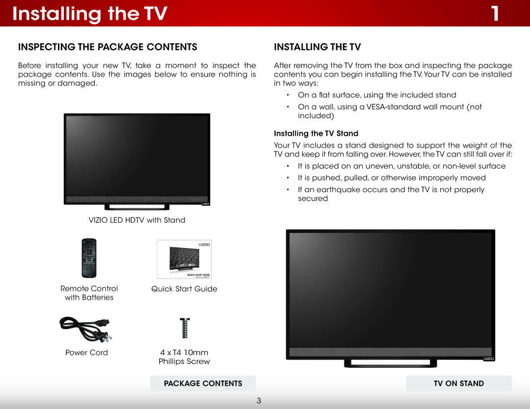 Vizio E280i-B1 user manual Installing the TV, Inspecting the Package Contents 