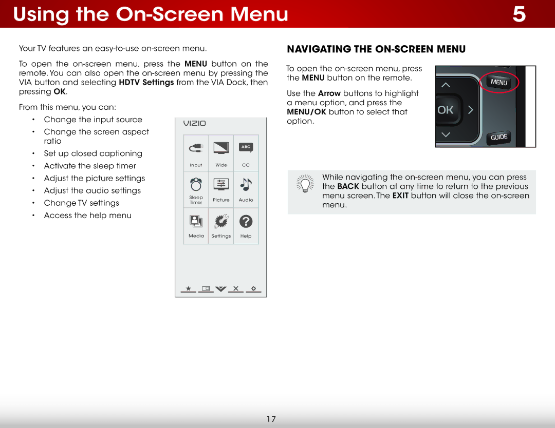 Vizio E241-A1, E291A1, E291-A1, E241A1 user manual Using the On-Screen Menu, Navigating the On-Screen Menu 