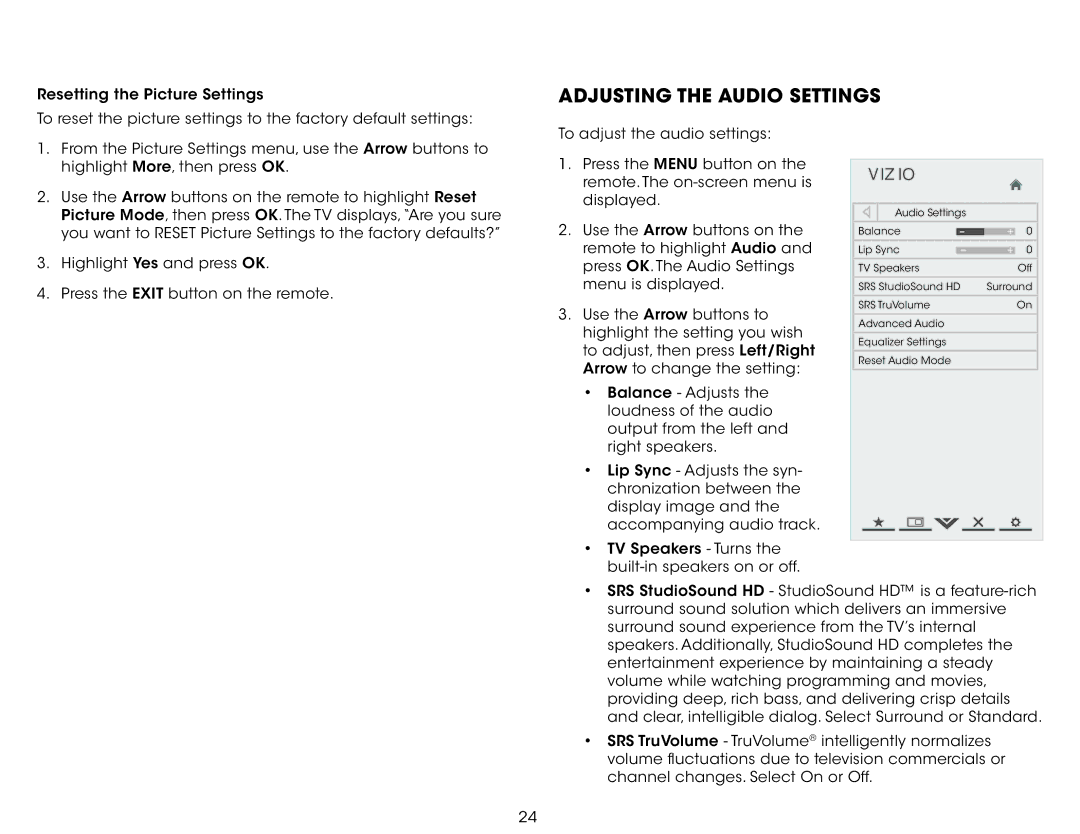 Vizio E241A1, E291A1, E291-A1, E241-A1 user manual Adjusting the Audio Settings 