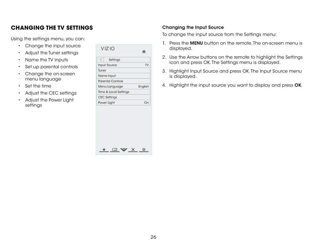 Vizio E291A1, E291-A1, E241A1, E241-A1 user manual Changing the TV Settings 