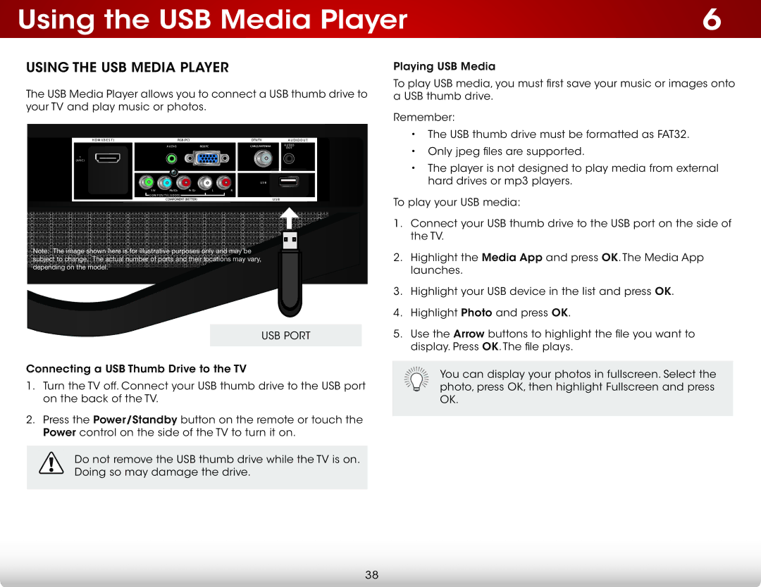 Vizio E291A1, E291-A1, E241A1, E241-A1 user manual Using the USB Media Player, USB Port 