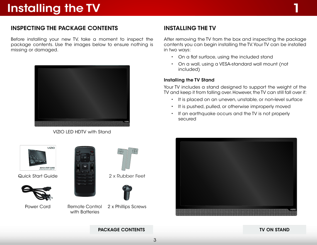 Vizio E291-A1, E291A1, E241A1, E241-A1 user manual Installing the TV, Inspecting the Package Contents 