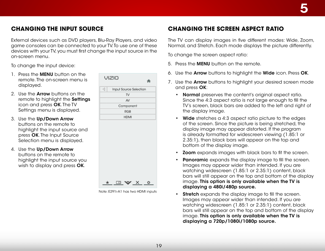 Vizio E291I-A1, E291IA1 user manual Changing the Input Source, Changing the Screen Aspect Ratio 