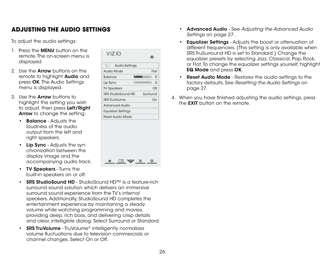 Vizio E291IA1, E291I-A1 user manual Adjusting the Audio Settings, Advanced Audio See Adjusting the Advanced Audio 