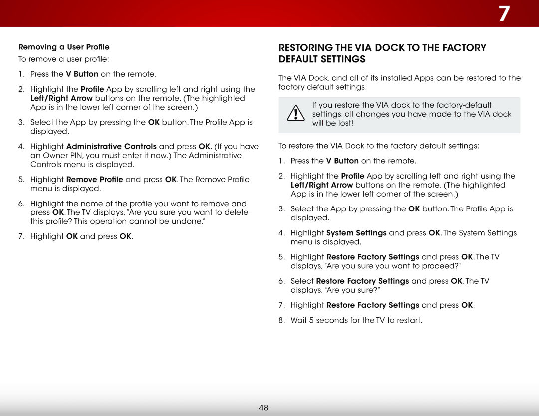 Vizio E291IA1, E291I-A1 user manual Restoring the VIA Dock to the Factory Default Settings 