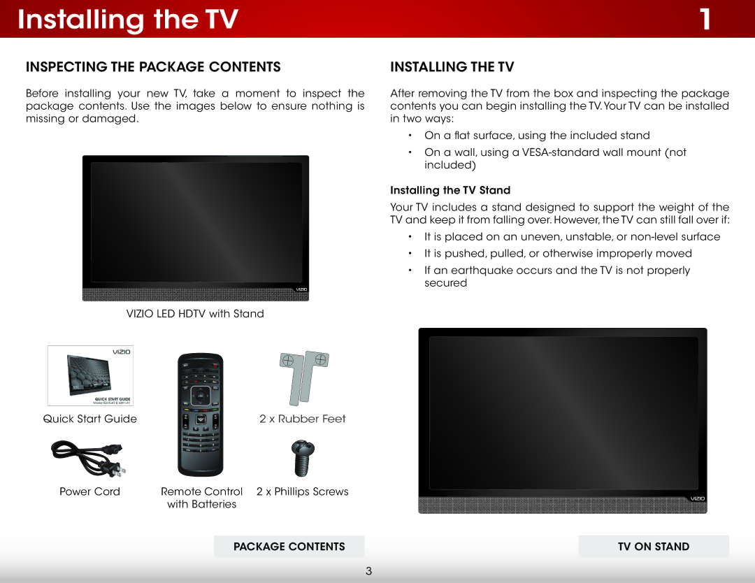 Vizio E291I-A1, E291IA1 user manual Installing the TV, Inspecting the Package Contents 