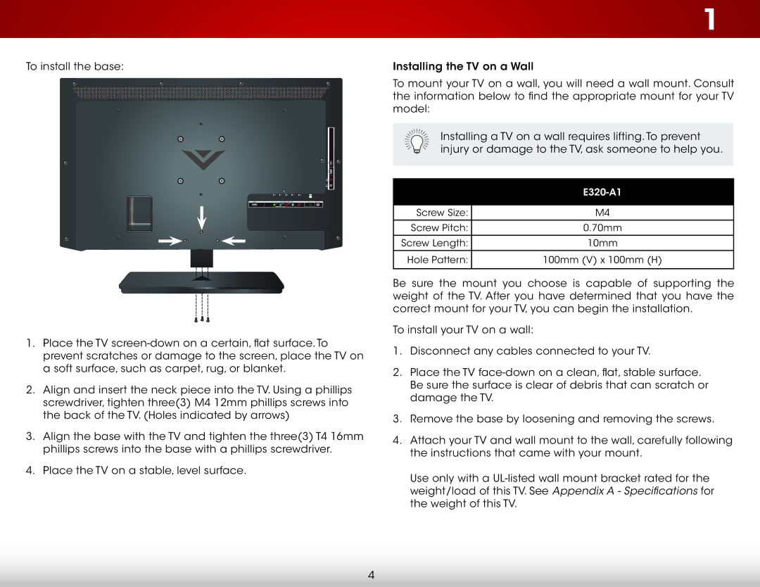 Vizio E320-A1 user manual To install the base 