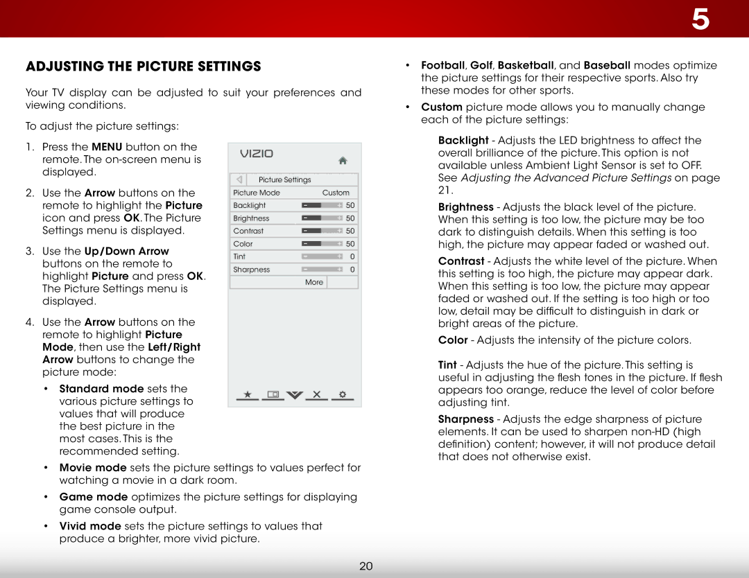 Vizio E320-A1 user manual Adjusting the Picture Settings 