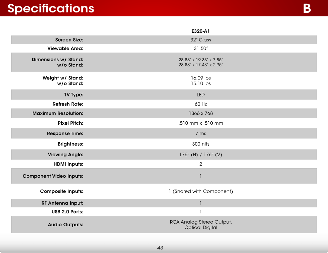 Vizio E320-A1 user manual Specifications 