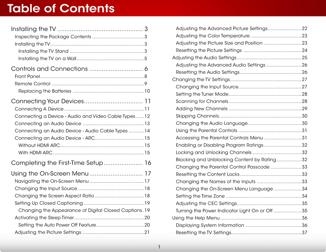 Vizio E320-A1 user manual Table of Contents 