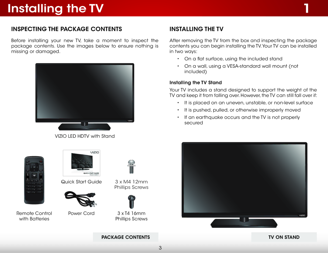 Vizio E320-A1 user manual Installing the TV, Inspecting the Package Contents 