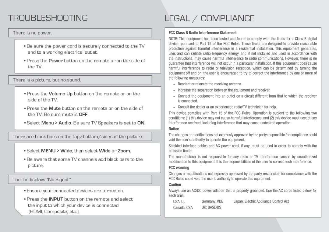 Vizio E320-A1 quick start Troubleshooting, Legal / Compliance 