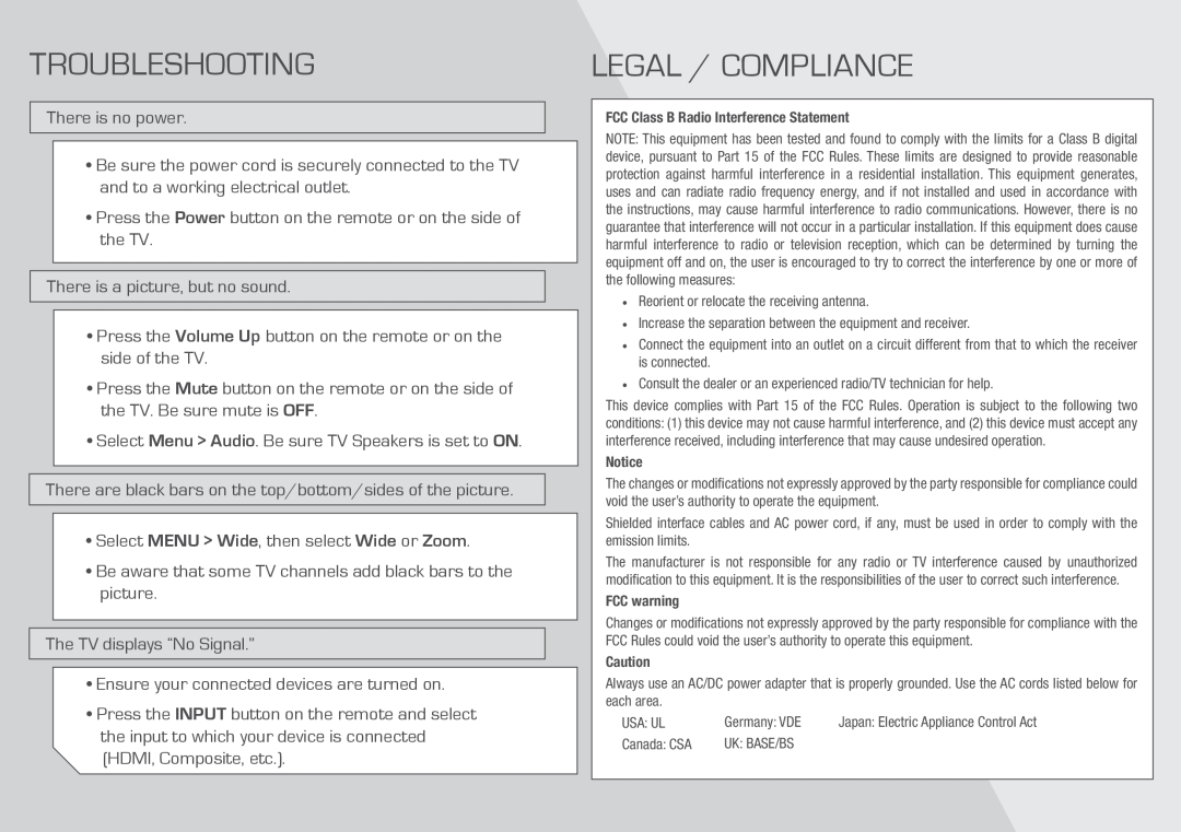 Vizio E320-A1 quick start Troubleshooting, Legal / Compliance 