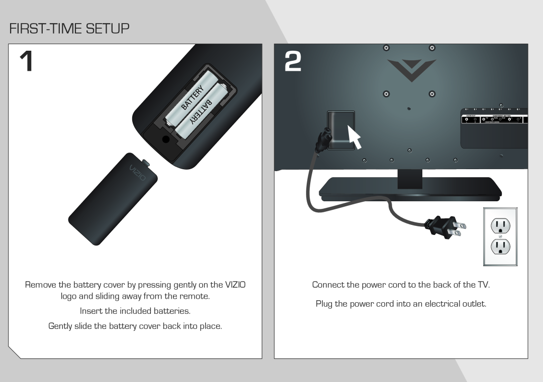 Vizio E320-A1 quick start First-Time Setup, Remove the battery cover by pressing gently on the VIZIO 