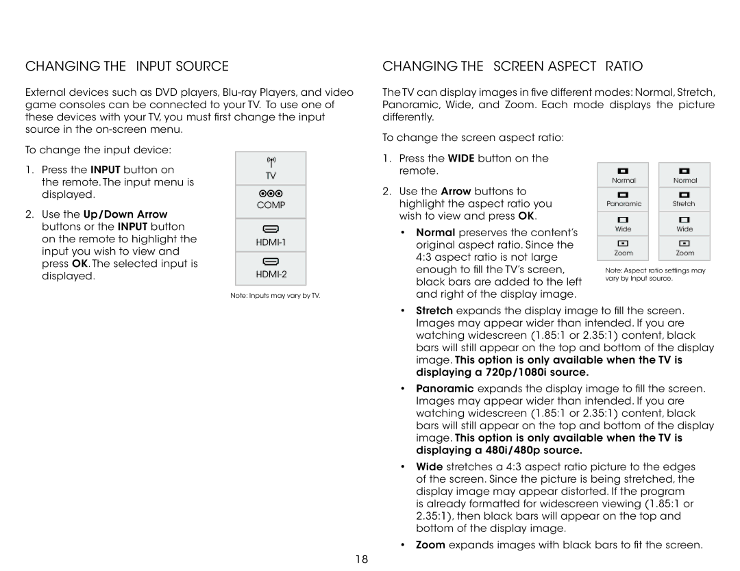 Vizio E320-B0 user manual Changing the Input Source, Changing the Screen Aspect Ratio 