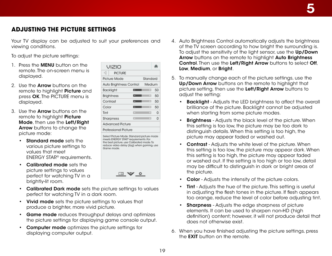 Vizio E320-B0 user manual Adjusting the Picture Settings, Vizio 