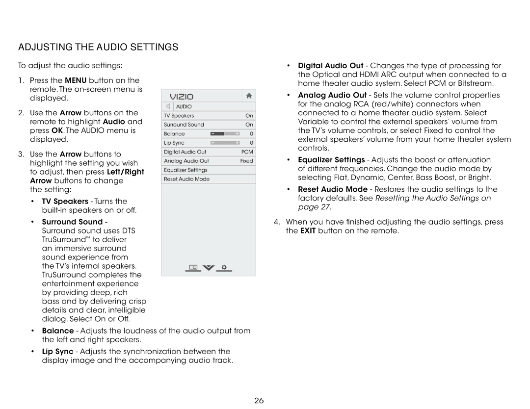 Vizio E320-B0 user manual Adjusting the Audio Settings 