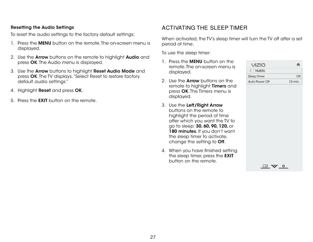 Vizio E320-B0 user manual Activating the Sleep Timer 