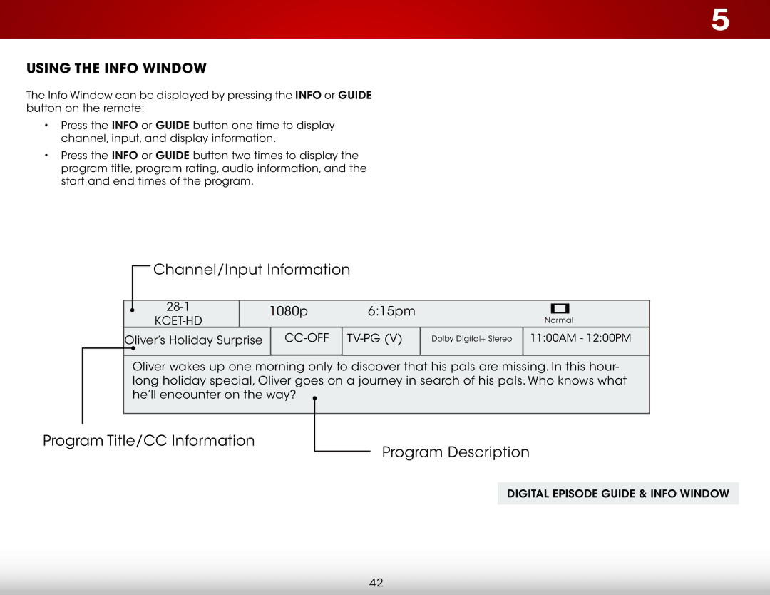 Vizio E320-B0 user manual Channel/Input Information, Using the Info Window 