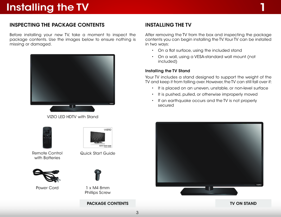 Vizio E320-B0 user manual Installing the TV, Inspecting the Package Contents 