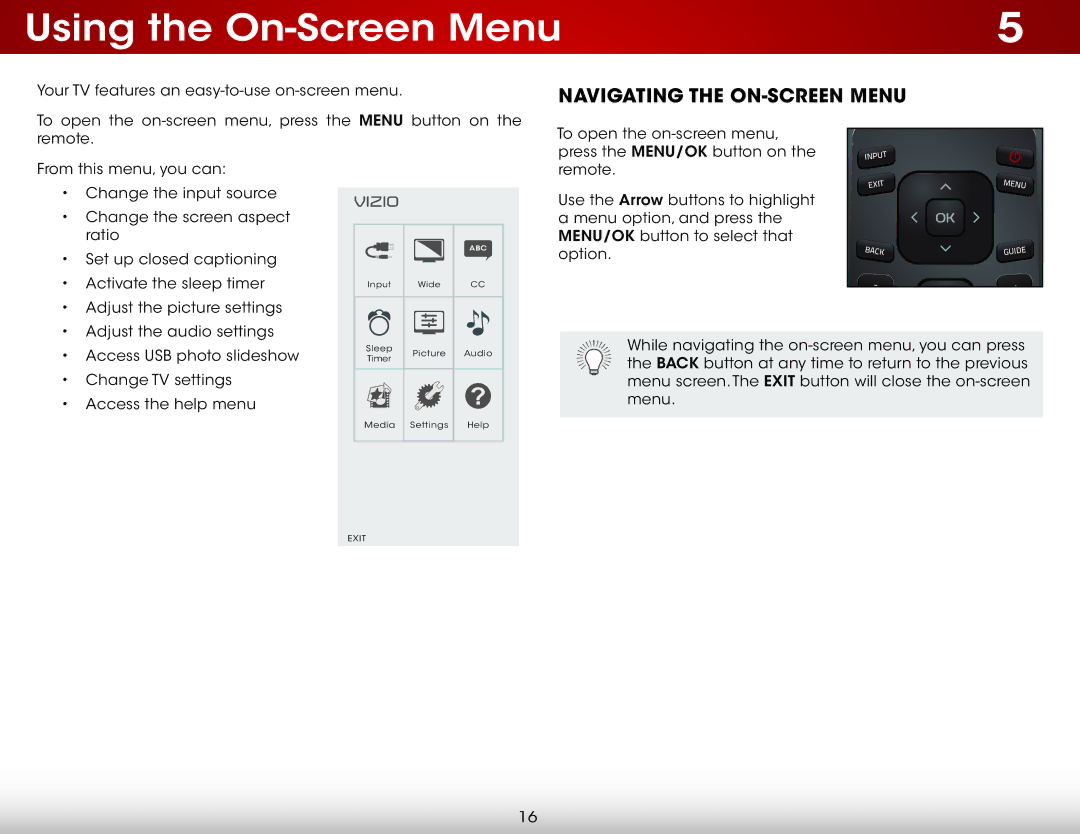 Vizio E320-B0E user manual Using the On-Screen Menu, Navigating the On-Screen Menu 