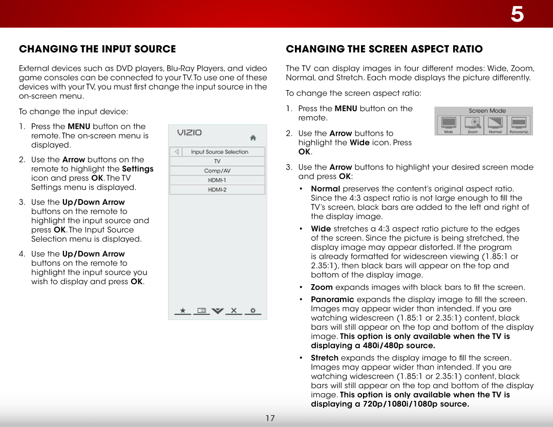 Vizio E320-B0E user manual Changing the Input Source, Changing the Screen Aspect Ratio 