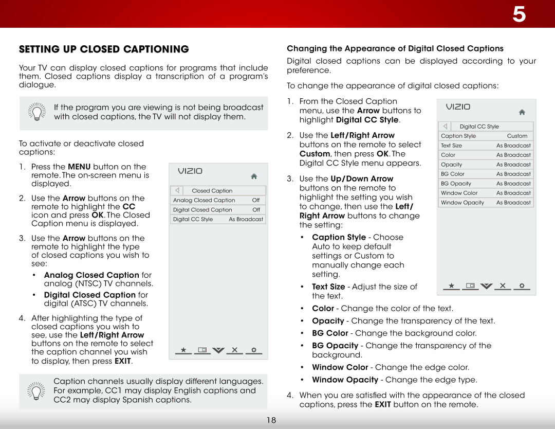 Vizio E320-B0E user manual Setting Up Closed Captioning 