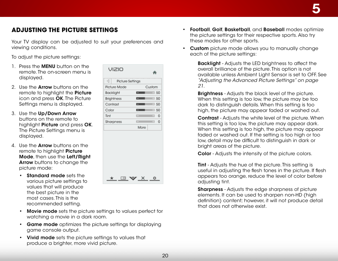 Vizio E320-B0E user manual Adjusting the Picture Settings 