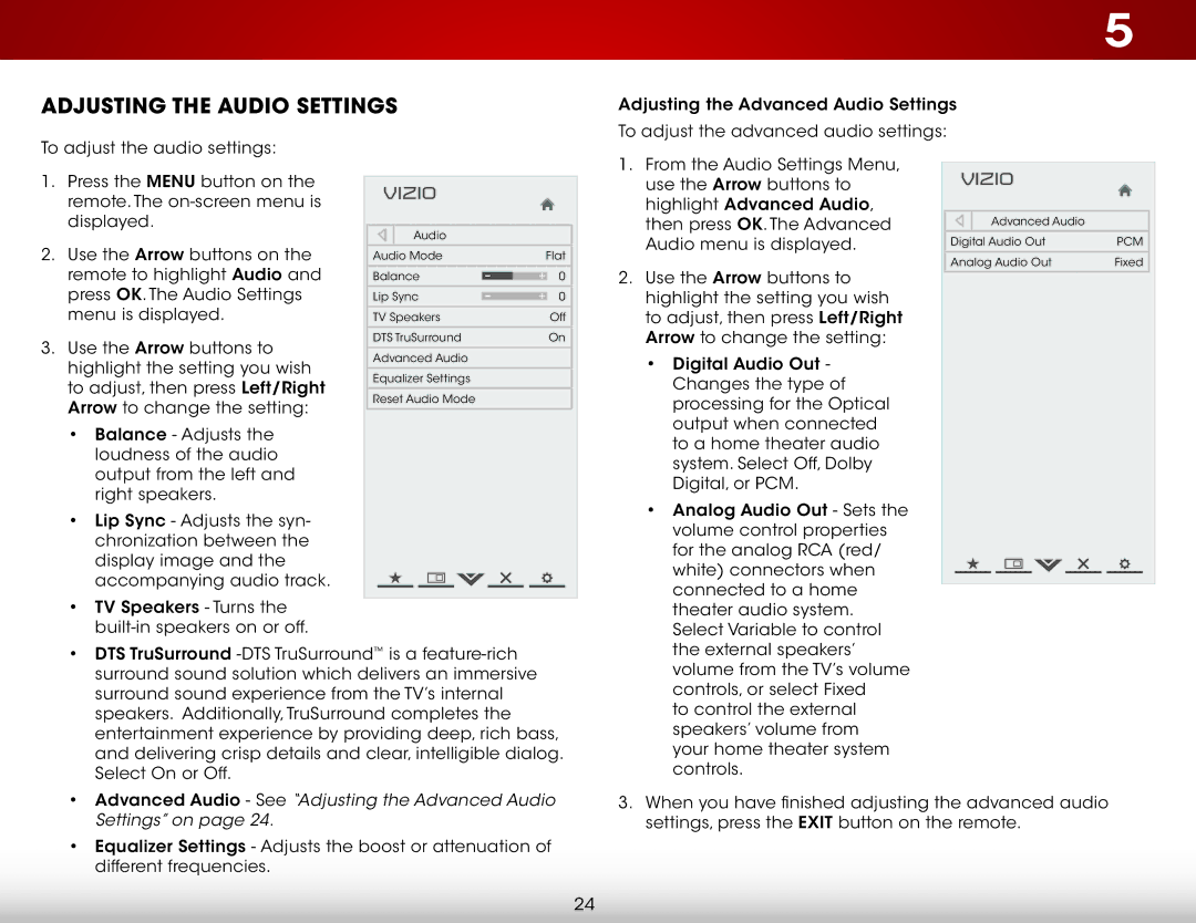 Vizio E320-B0E user manual Adjusting the Audio Settings, Advanced Audio See Adjusting the Advanced Audio Settings on 