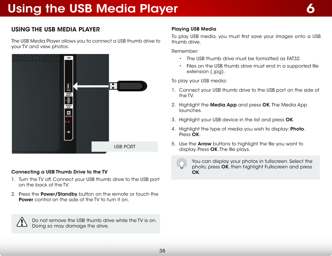 Vizio E320-B0E user manual Using the USB Media Player, USB Port 