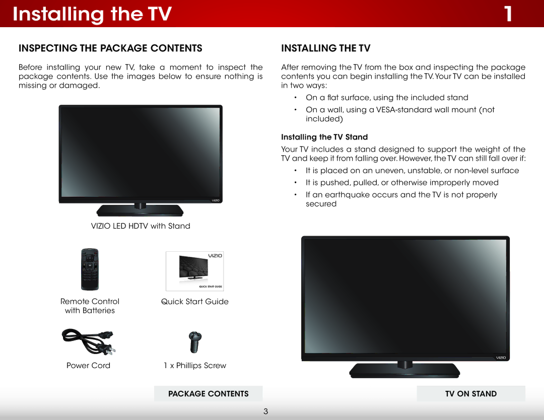 Vizio E320-B0E user manual Installing the TV, Inspecting the Package Contents 