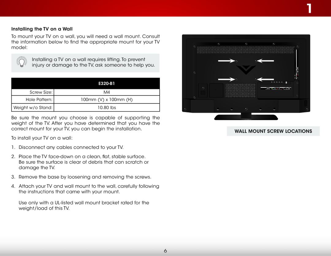 Vizio E320-B1 user manual Wall Mount Screw Locations 