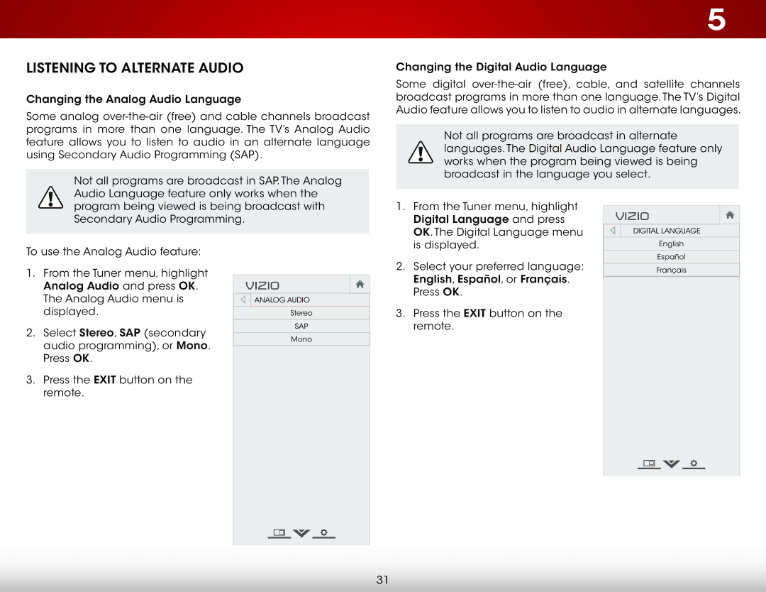 Vizio E320-B1 user manual Listening to Alternate Audio 