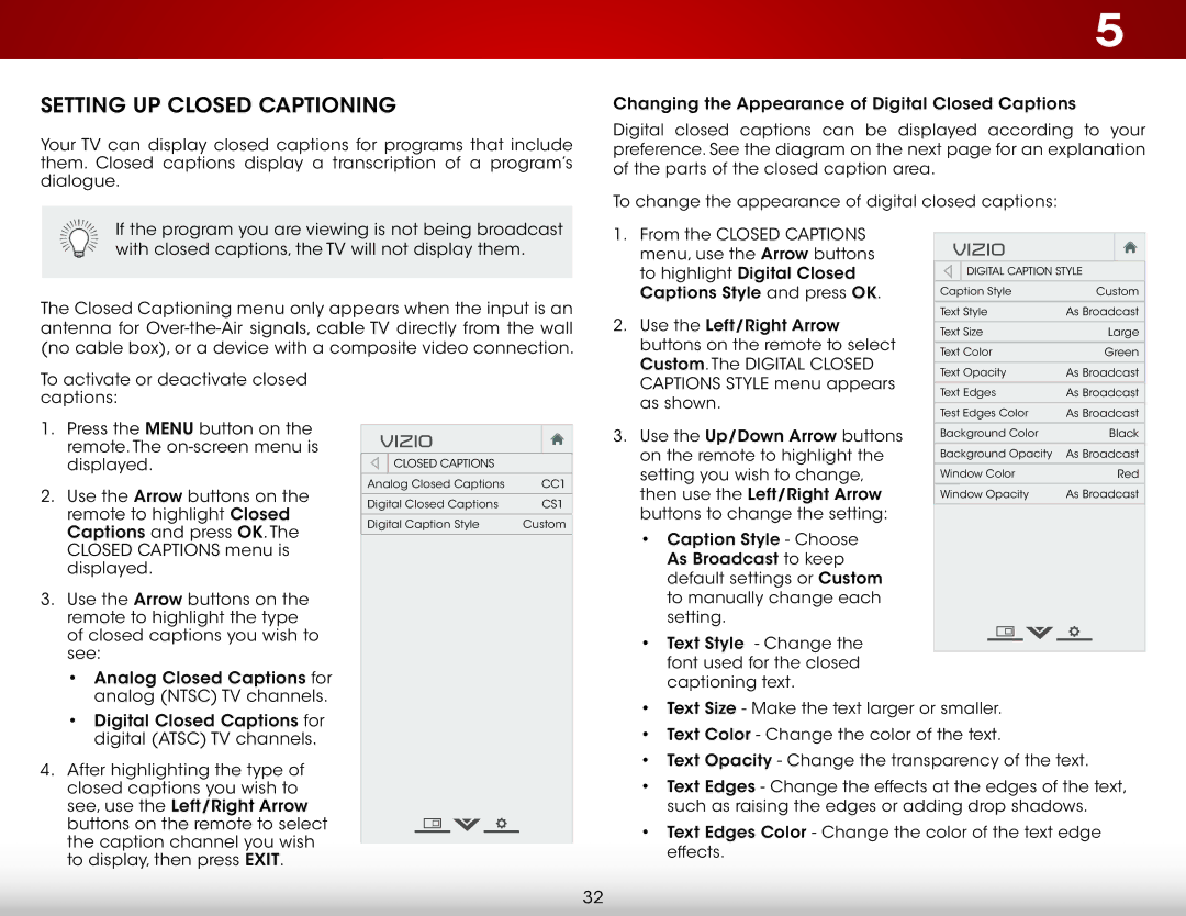 Vizio E320-B1 user manual Setting UP Closed Captioning 