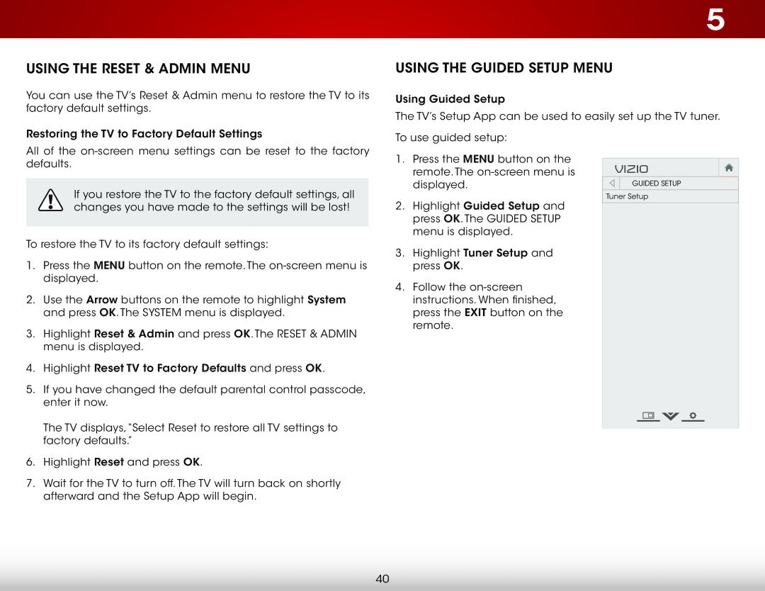 Vizio E320-B1 user manual Using the Reset & Admin Menu, Using the Guided Setup Menu 