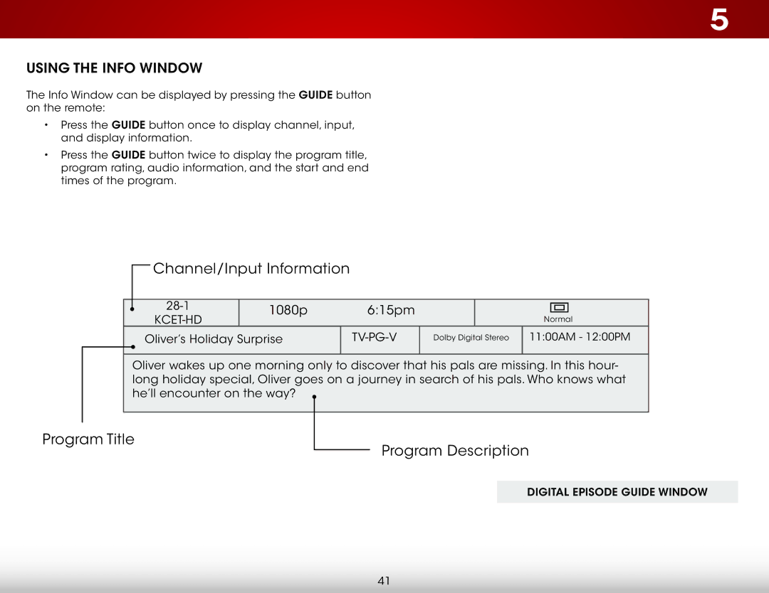 Vizio E320-B1 user manual Channel/Input Information, Using the Info Window 