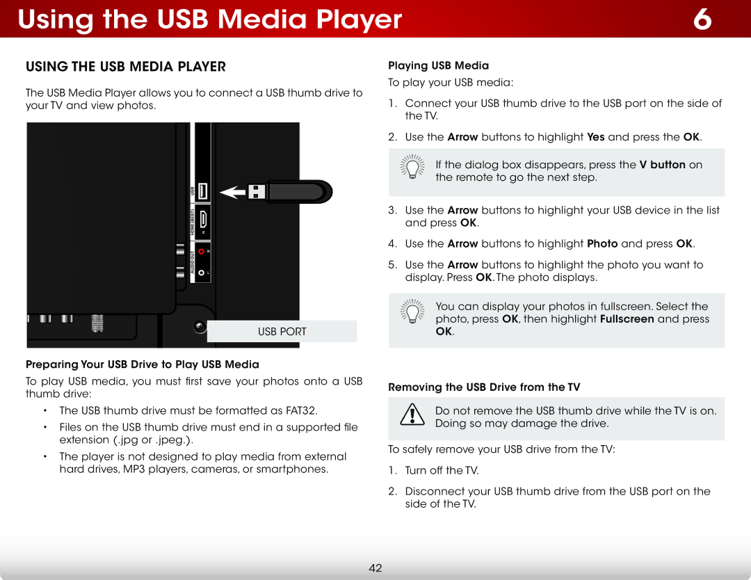 Vizio E320-B1 user manual Using the USB Media Player 