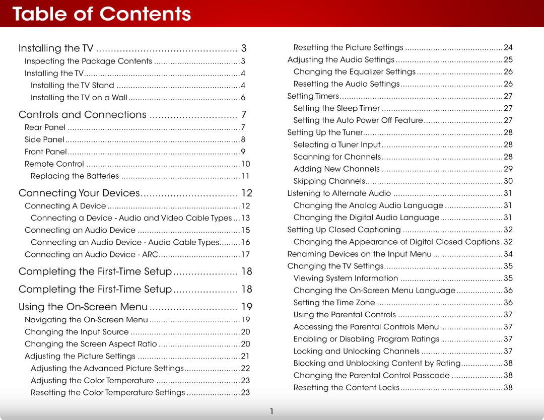 Vizio E320-B1 user manual Table of Contents 