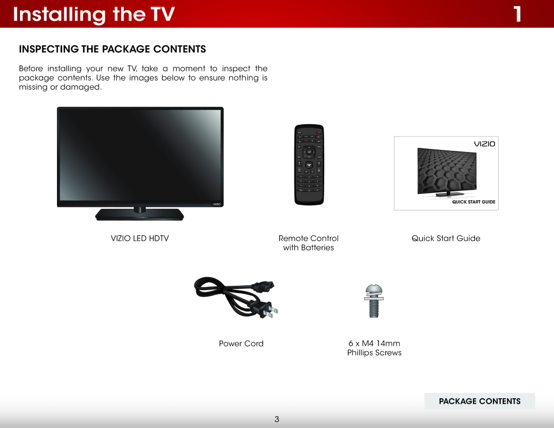 Vizio E320-B1 user manual Installing the TV, Inspecting the Package Contents 