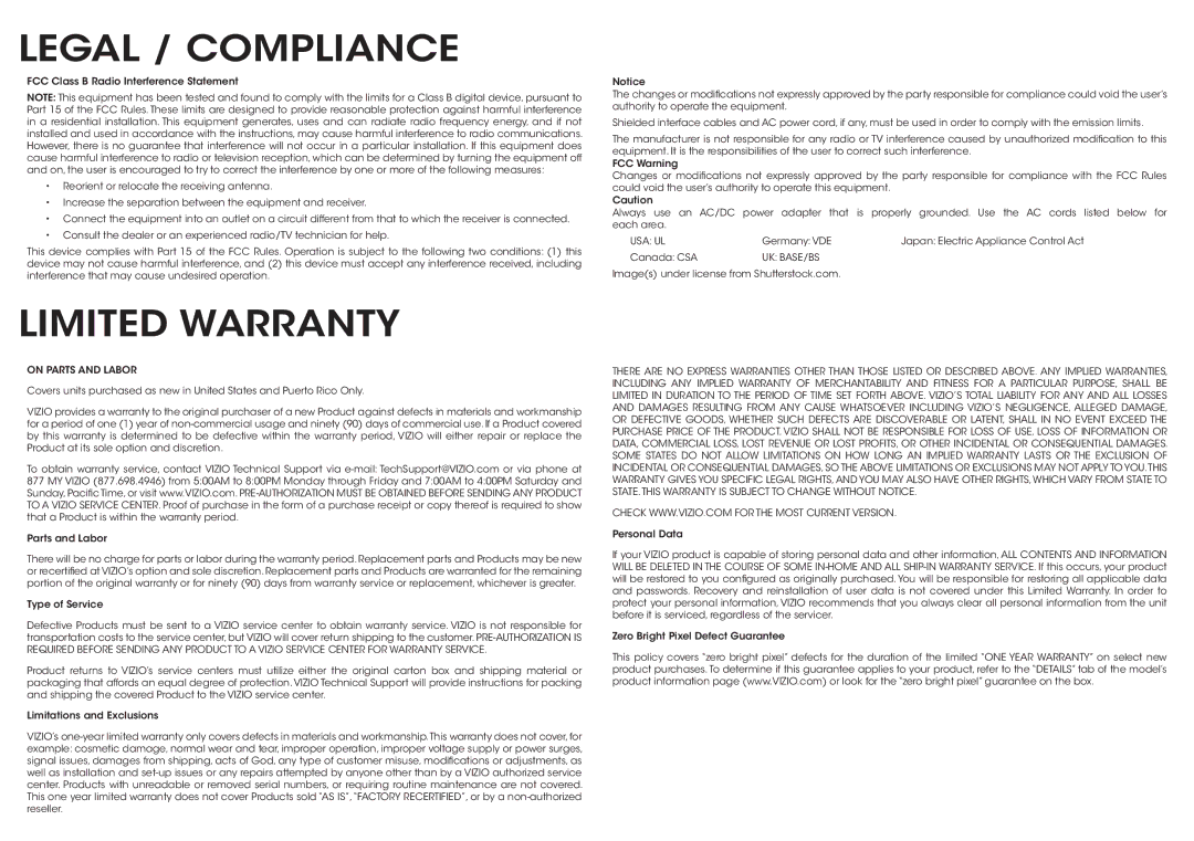 Vizio E320-B1 quick start Legal / Compliance, Limited Warranty 