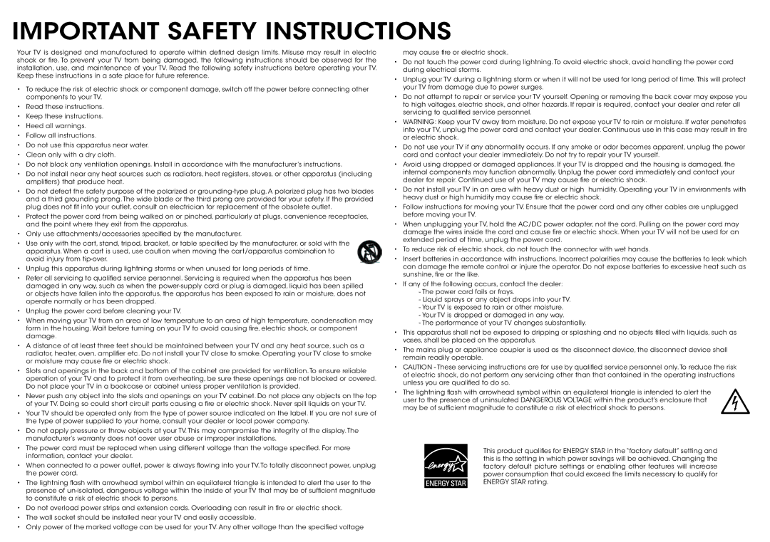 Vizio E320-B1 quick start Important Safety Instructions 