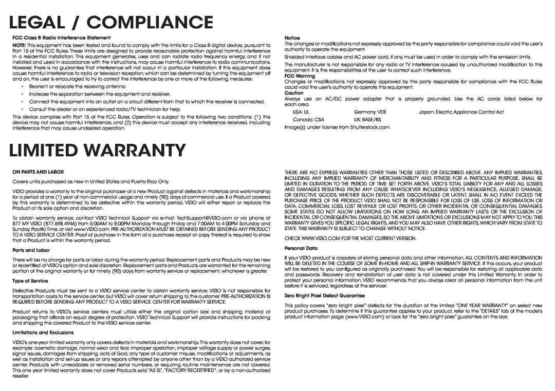 Vizio E320-B1 quick start Legal / Compliance, Limited Warranty 
