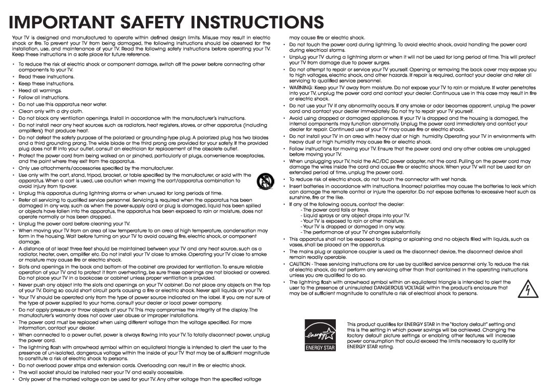 Vizio E320-B1 quick start Important Safety Instructions 