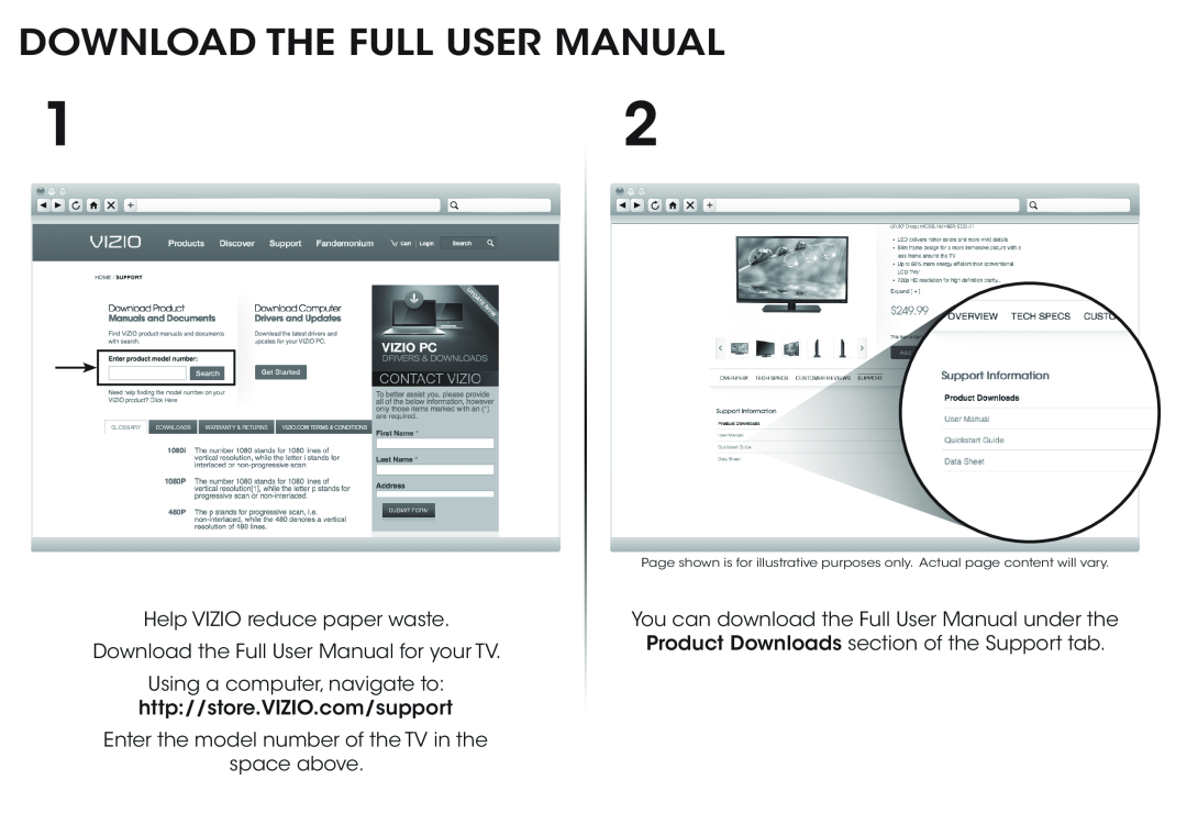 Vizio E320-B1 quick start Help VIZIO reduce paper waste, Download the Full User Manual for your TV 