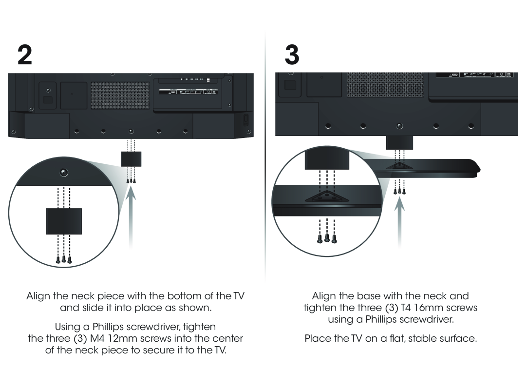 Vizio E320-B1 quick start Align the neck piece with the bottom of the TV, Align the base with the neck and 