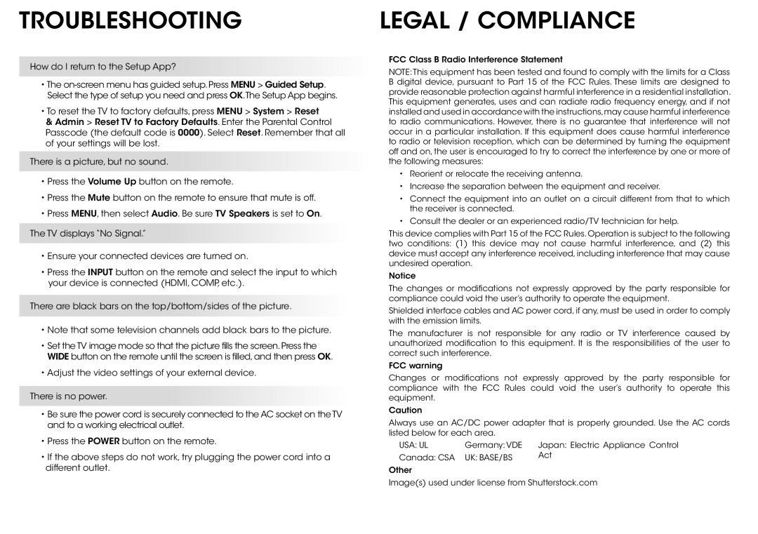 Vizio E320-B2 manual Troubleshooting, Legal / Compliance 